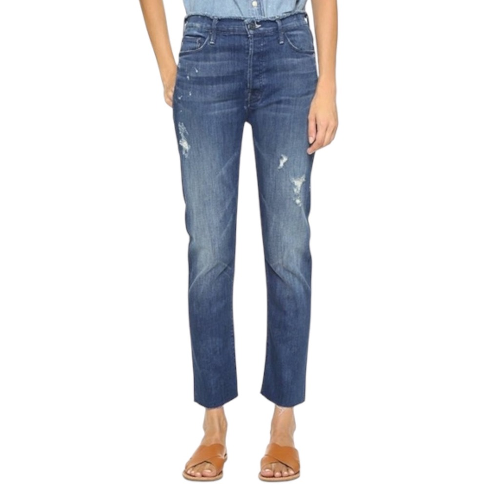 Mother The Dazzler Shift Jeans Womens 29 Distressed Raw Hem High Rise Blue Denim